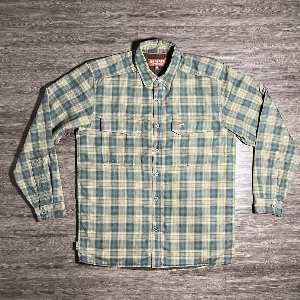Simms Coldweather Shirt Men's M Brown Green Plaid Grid Fleece Lined 38226 EUC